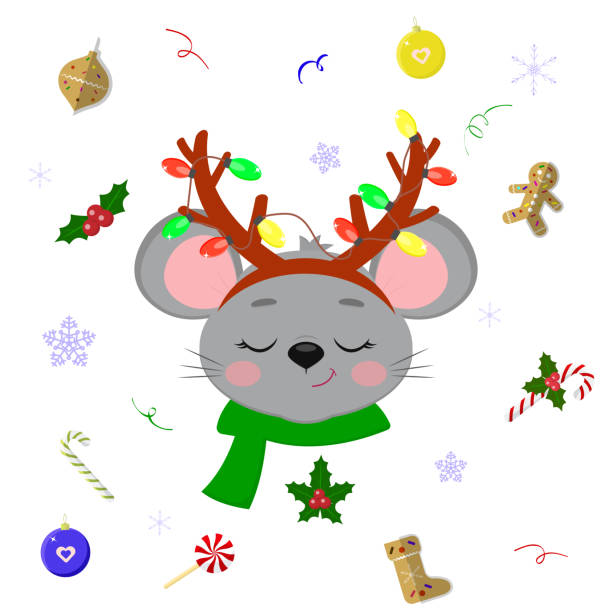 Ilustración de Feliz Año Nuevo Y Feliz Navidad Ratones Lindos O Ratas Con  Ojos Cerrados En Cuernos De Ciervo Con Guirnaldas Y Una Bufanda Verde  Elementos Navideños El Año De La Rata