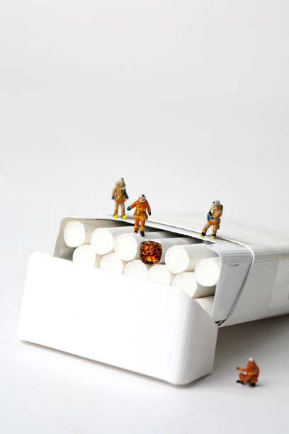 istock Miniature firefighters and cigarettes on white background 1181357296