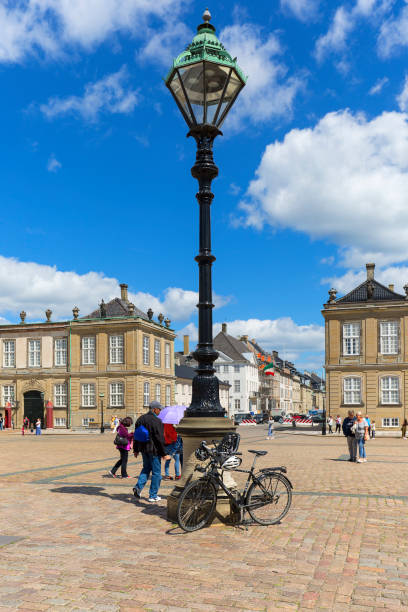 turisti nel cortile di fronte al palazzo di amalienborg, giornata di sole, copenaghen, danimarca - denmark street street light design foto e immagini stock