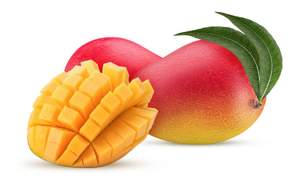 istock Two mango exotic friut with a leaf one cut in half cubes 1181358938