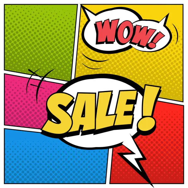 Vector illustration of Sale illustration in comic book style. Speech bubbles with Sale and Wow words on colored halftone background.