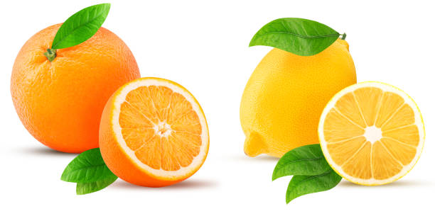 istock Fresh orange, lemon one cut in half, with leaf 1181359149
