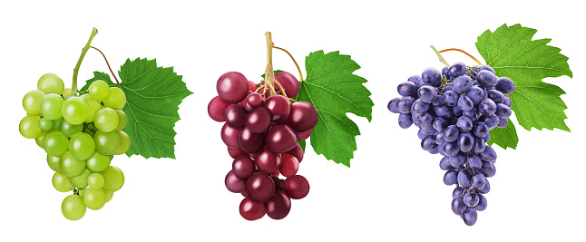 Three bunch ripe red, blue, green grape with leaf isolated on white background. Clipping Path. Full depth of field.