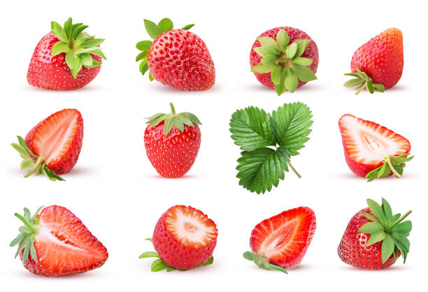 istock Set strawberry whole, cut in half, three quarters with leaf 1181360172