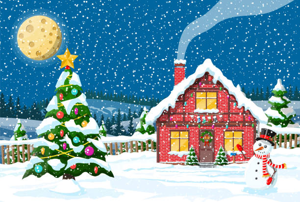 ilustraciones, imágenes clip art, dibujos animados e iconos de stock de paisaje de invierno de navidad año nuevo - christmas santa claus north pole snow