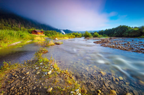 Beauty of Carpathian mountains, panoramic landscape of amazing fresh nature of Yaremche, Mykulychyn, traveling along west Ukraine