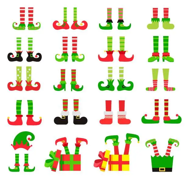 Vector illustration of Christmas elf feet set, vector illustration. Collection of cute elves legs, boots, socks.  Santa helpers shoes and pants. With gifts, presents, hat. Isolated on white background