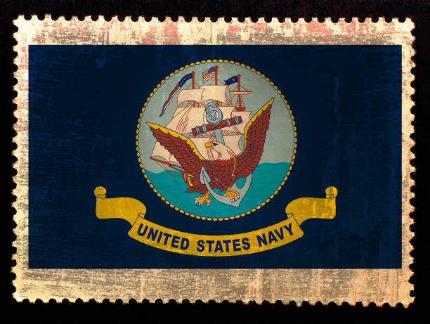 bandiera della marina degli stati uniti sul vecchio francobollo grunge - marina militare americana foto e immagini stock