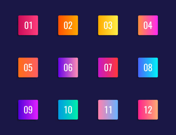 濃い青色の背景にスーパーセット矢印箇条書き三角形フラグ。1 から 12 までの数値を持つカラフルなグラデーション マーカー。現代ベクトルイラスト - number 12点のイラスト素材／クリップアート素材／マンガ素材／アイコン素材