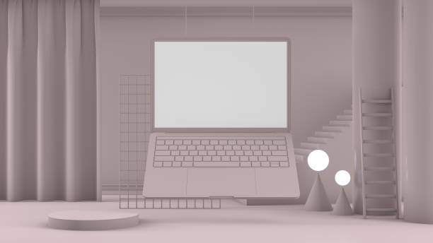 istock 3D Empty Laptop Screen with Staircase, Platform in Beige Room 1181372388
