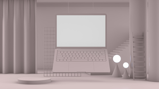 3d rendering of empty laptop screen in beige room with  curtain, architectural columns and staircase. Copy space for the advertisement messages.