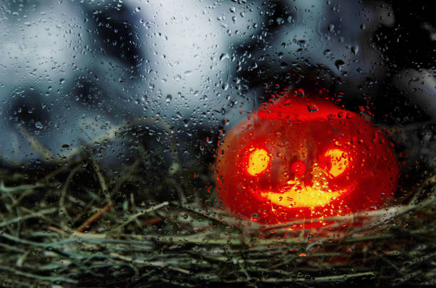 ジャックのランプは濡れガラスを通して見える - glass autumn halloween food ストックフォトと画像