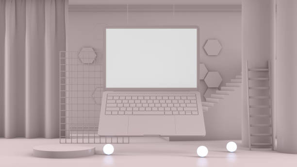 istock 3D Empty Laptop Screen with Staircase, Platform in Beige Room 1181372847