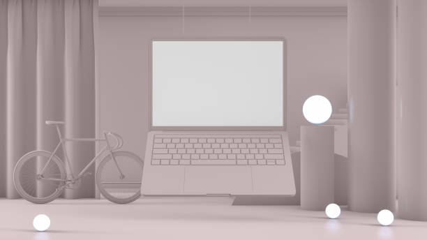 istock 3D Empty Laptop Screen with Staircase and Architectural Columns in Beige Room 1181373058
