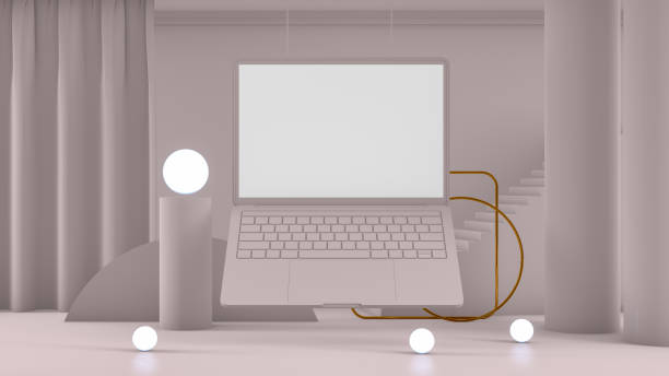 istock 3D Empty Laptop Screen with Staircase and Architectural Columns in Beige Room 1181373115