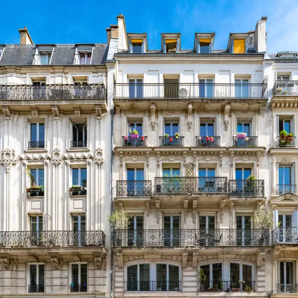Paris, parisian facade in a chic area, typical balcony and windows