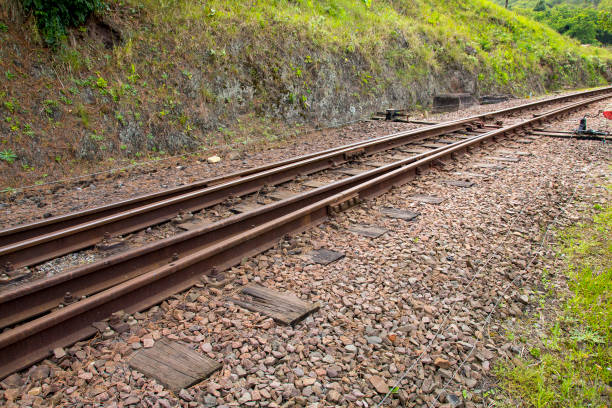 No longer used rusty railway line and wooden sleepers set in gravel