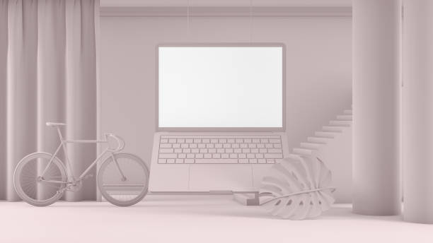 istock 3D Empty Laptop Screen with Staircase and Architectural Columns in Beige Room 1181373867