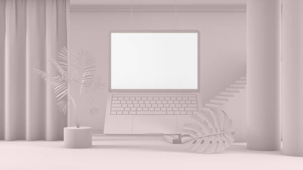 istock 3D Empty Laptop Screen with Staircase and Architectural Columns in Beige Room 1181373918