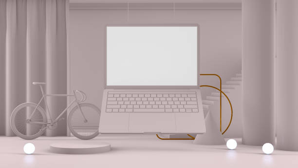 istock 3D Empty Laptop Screen with Staircase, Platform in Beige Room 1181375367