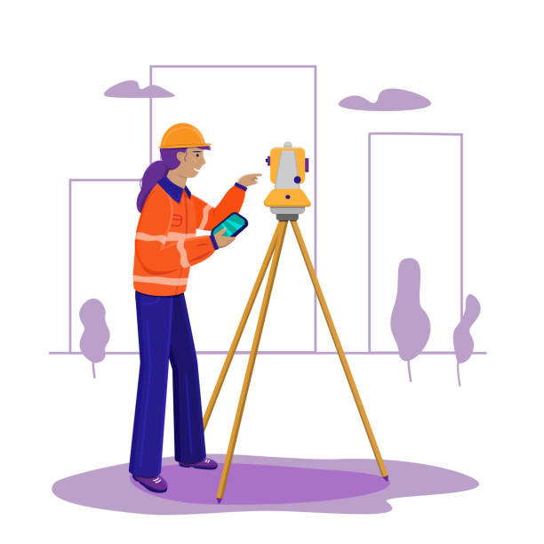 ilustrações de stock, clip art, desenhos animados e ícones de surveyor woman working with theodolite outdoor on the background trees and city. - tachymeter