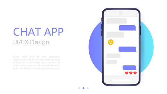Mobile chat app mockup. UX or UI design. Smartphone Isolated on white background. Social network design template.