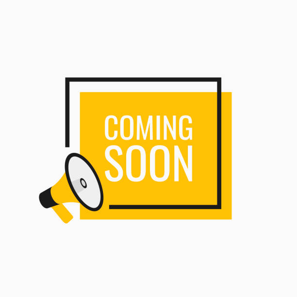 spanduk geometris. megaphone dengan segera datang gelembung. pengeras suara. ilustrasi vektor gaya datar modern - pesan-pengumuman ilustrasi stok