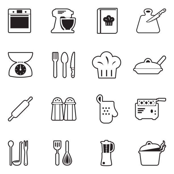 bildbanksillustrationer, clip art samt tecknat material och ikoner med matlagning ikoner. linje med fyllnings design. vektor illustration. - dinner croatia