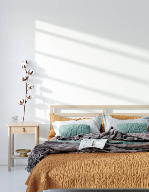 モックアップフレーム、ホームインテリア背景の壁、ボヘミアンベッドルーム、スカンジナビアスタイル - poster bed ストックフォトと画像
