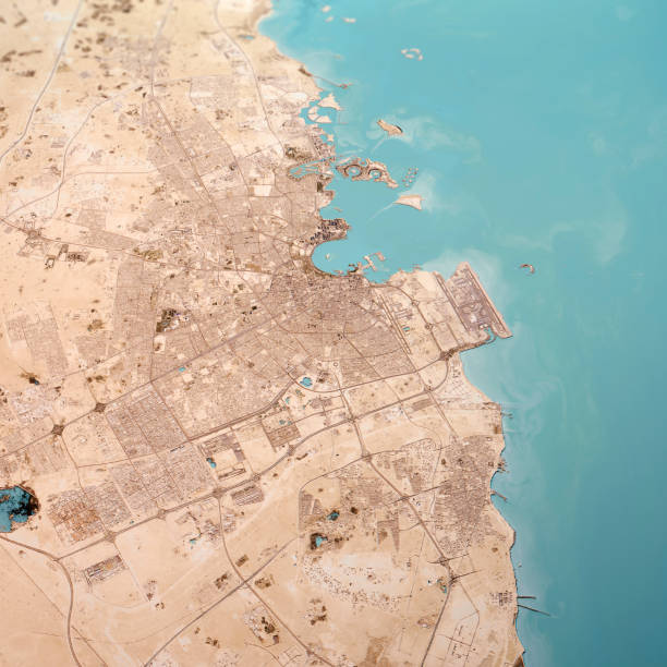 Doha Qatar 3D Render Topo Landscape View From South Feb 2019 3D Render of a Topographic Map of Doha City, Qatar.
All source data is in the public domain.
Contains modified Copernicus Sentinel data (Feb 2019) courtesy of ESA. URL of source image: https://scihub.copernicus.eu/dhus/#/home.
Relief texture SRTM data courtesy of NASA. URL of source image: https://search.earthdata.nasa.gov/search/granules/collection-details?p=C1000000240-LPDAAC_ECS&q=srtm%201%20arc&ok=srtm%201%20arc qatar map stock pictures, royalty-free photos & images