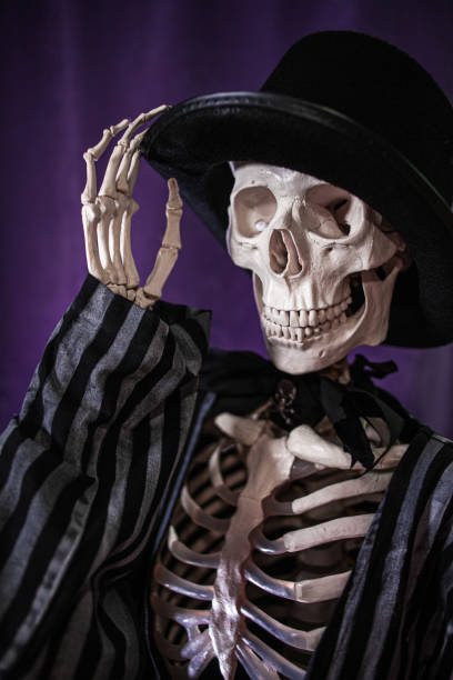 Halloween is coming soon, skeleton in striped suit and hat