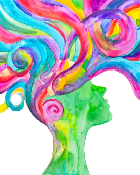 Watercolor woman painting with a rose blu hair. Hope and happiness conceptual painting brain energy. Power of mind cerebellum illustrations stock illustrations