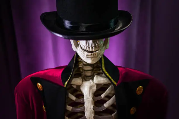 showman skeleton in red jacket and hat. Halloween party concept