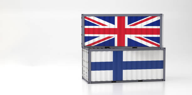 istock Two freight container with Great Britain and Finland flag. 3D Rendering 1181386787