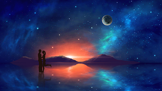 Couple in embrace with colorful nebula, mountain and milky way reflection in water. https://www.nasa.gov/sites/default/files/images/618486main_earth_full.jpg