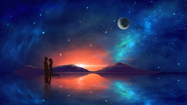 Couple in embrace with colorful nebula, mountain and milky way reflection in water. https://www.nasa.gov/sites/default/files/images/618486main_earth_full.jpg stock photo