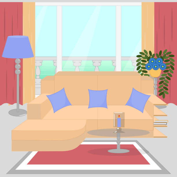 ilustrações de stock, clip art, desenhos animados e ícones de cute living room interior design with furniture, big window with balcony, vase with flower, carpet, pink style. modern interior. flat style. vector illustration - tiffany lamp