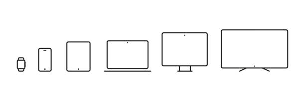 장치 아이콘 : 스마트 워치, 스마트 폰, 태블릿, 노트북, 데스크톱 컴퓨터 및 tv. 벡터 일러스트레이션, 플랫 디자인 - digital tablet visual screen vector mobile phone stock illustrations