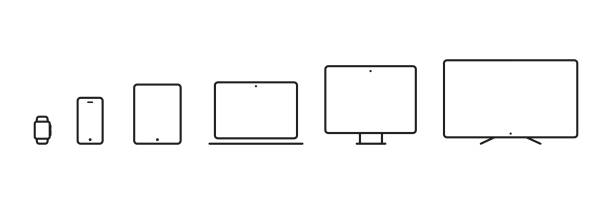 иконки устройств: смарт-часы, смартфон, планшет, ноутбук, настольный компьютер и телевизор. иллюстрация вектора, плоский дизайн - портативность иллюстрации stock illustrations