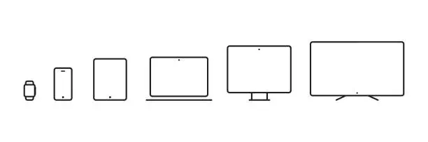 Vector illustration of Device Icons: smartwatch, smartphone, tablet, laptop, desktop computer and tv. Vector illustration, flat design