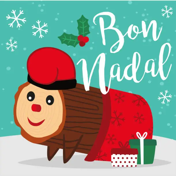 Vector illustration of Caga Tio de Nadal, a typical Christmas character from Catalonia and Aragon, Spain. Merry Christmas lettering written in Catalan.