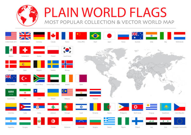 ilustraciones, imágenes clip art, dibujos animados e iconos de stock de banderas más populares del mundo con mapa del mundo - ilustración - bandera