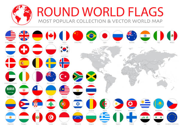 世界の旗 - ベクトルラウンドフラットアイコン - 最も人気のあるストックイラスト - 日本　スペイン点のイラスト素材／クリップアート素材／マンガ素材／アイコン素材