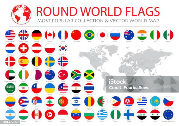 Мировые Флаги Вектор Круглые Плоские Иконы Самая Популярная Фондовая Иллюстрация — стоковая векторная графика и другие изображения на тему Флаг