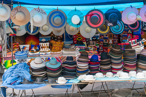 Traditional hats on  The indigenous Otavalo people market in Otavalo, Ecuador