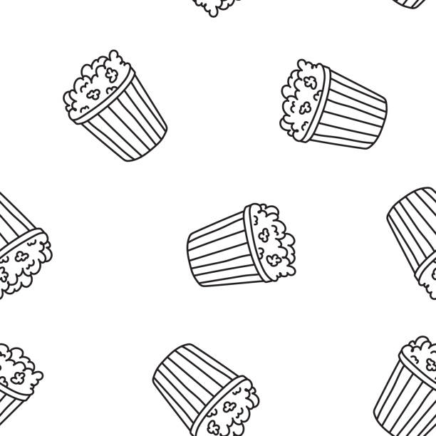 Contour seamless vector pattern. Doodle popcorn tubs on white background Contour seamless vector pattern. Doodle popcorn tubs on white background. Simple hand drawn design. Cartoon monochrome illustration for food packaging movie patterns stock illustrations