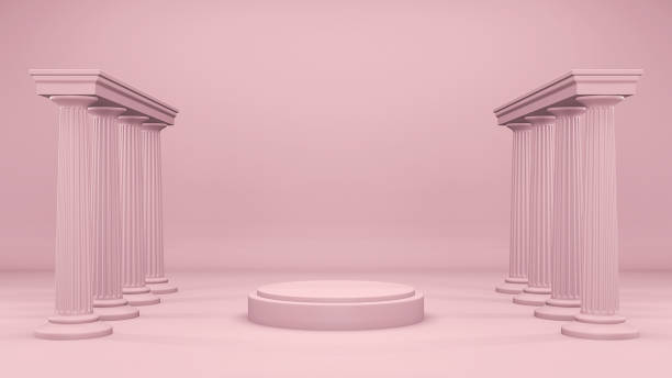 istock Marble columns in Greek style, empty platform podium display, pink studio room interior, realistic 3d render. Minimalist background with pedestal construction, columns, antique architecture concept. 1181395078