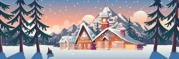 Winter mountain landscape with houses or chalets Winter mountain landscape with houses decorated with christmas garland and tower with clock. Ski resort settlement with spruce trees and snowy peaks in Canada or North Pole Cartoon vector illustration north pole stock illustrations