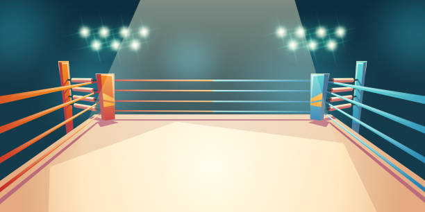 Box ring, arena for sports fighting. Empty area Box ring, arena for sports fighting. Empty illuminated area with spotlights and ropes. Place for boxing, wrestling, presentation of match, competition. Dangerous sport. Cartoon vector illustration wrestling stock illustrations