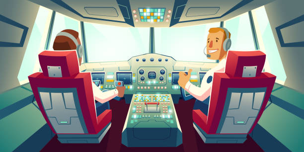 illustrazioni stock, clip art, cartoni animati e icone di tendenza di piloti in cabina di pilotaggio a getto, capitain e aereo copilota - vehicle interior indoors window chair